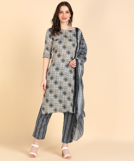 Magic Cotton 3-Piece Kurti Set for Women | White Mill Printed Kurti, Pant & Dupatta | Available in 5 Sizes & 15 Colours